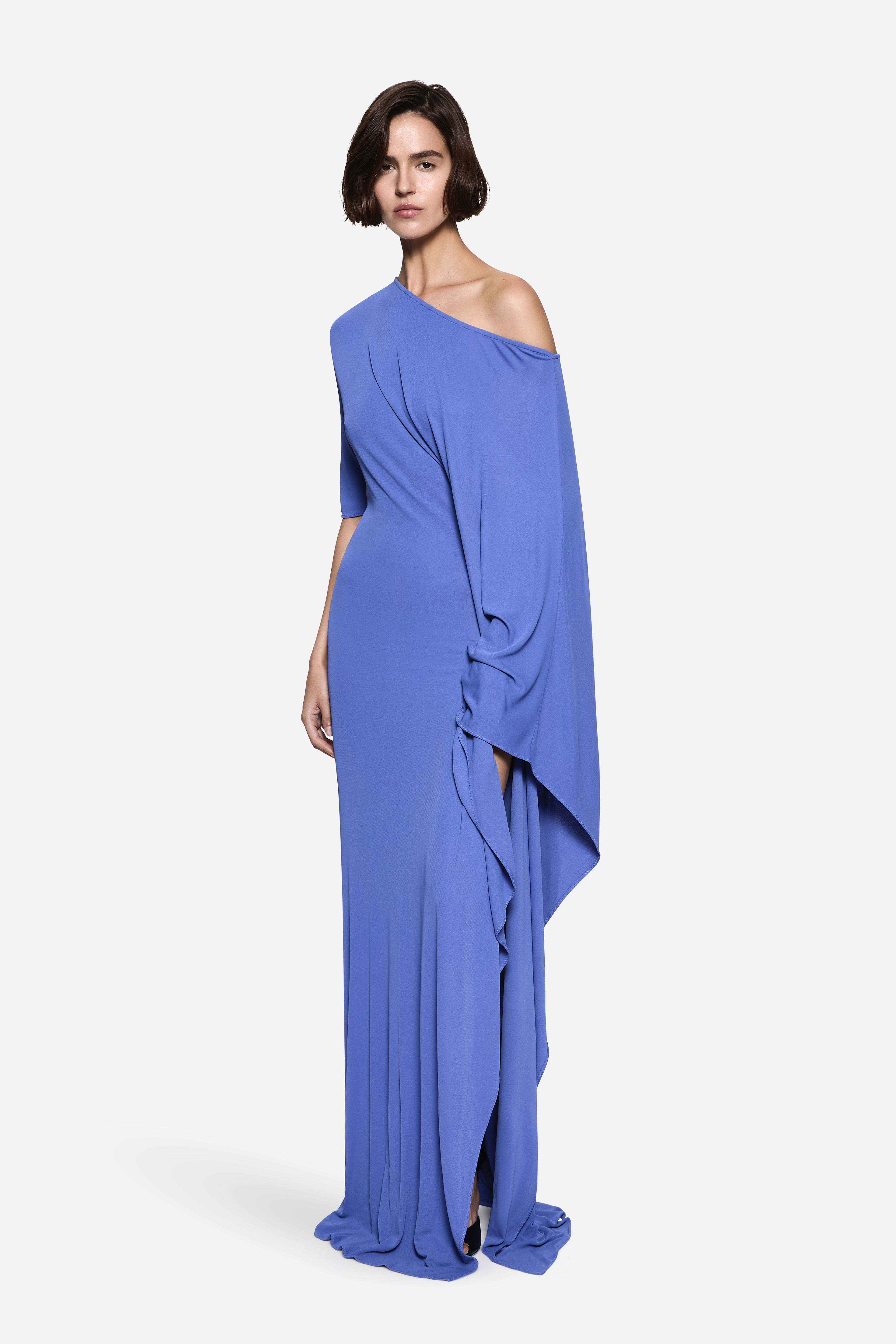 Blue one-shoulder jersey maxi dress with twisted drape at waist and side ruching