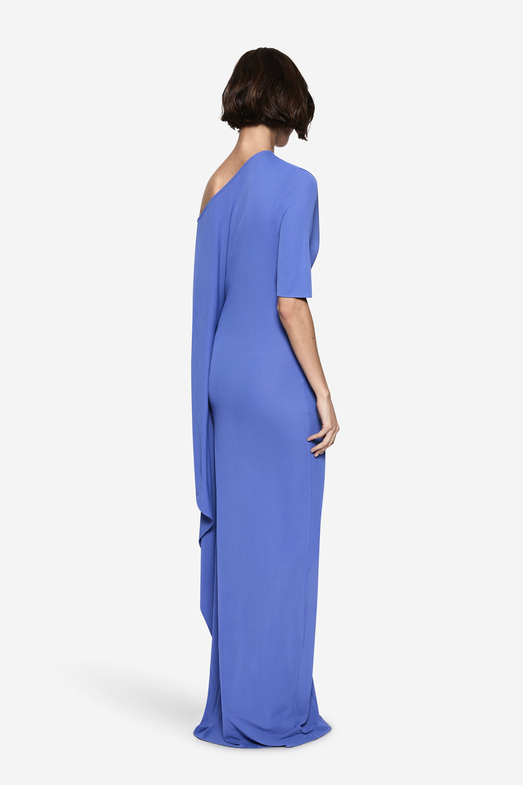Blue one-shoulder jersey maxi dress, back view with draped side panel