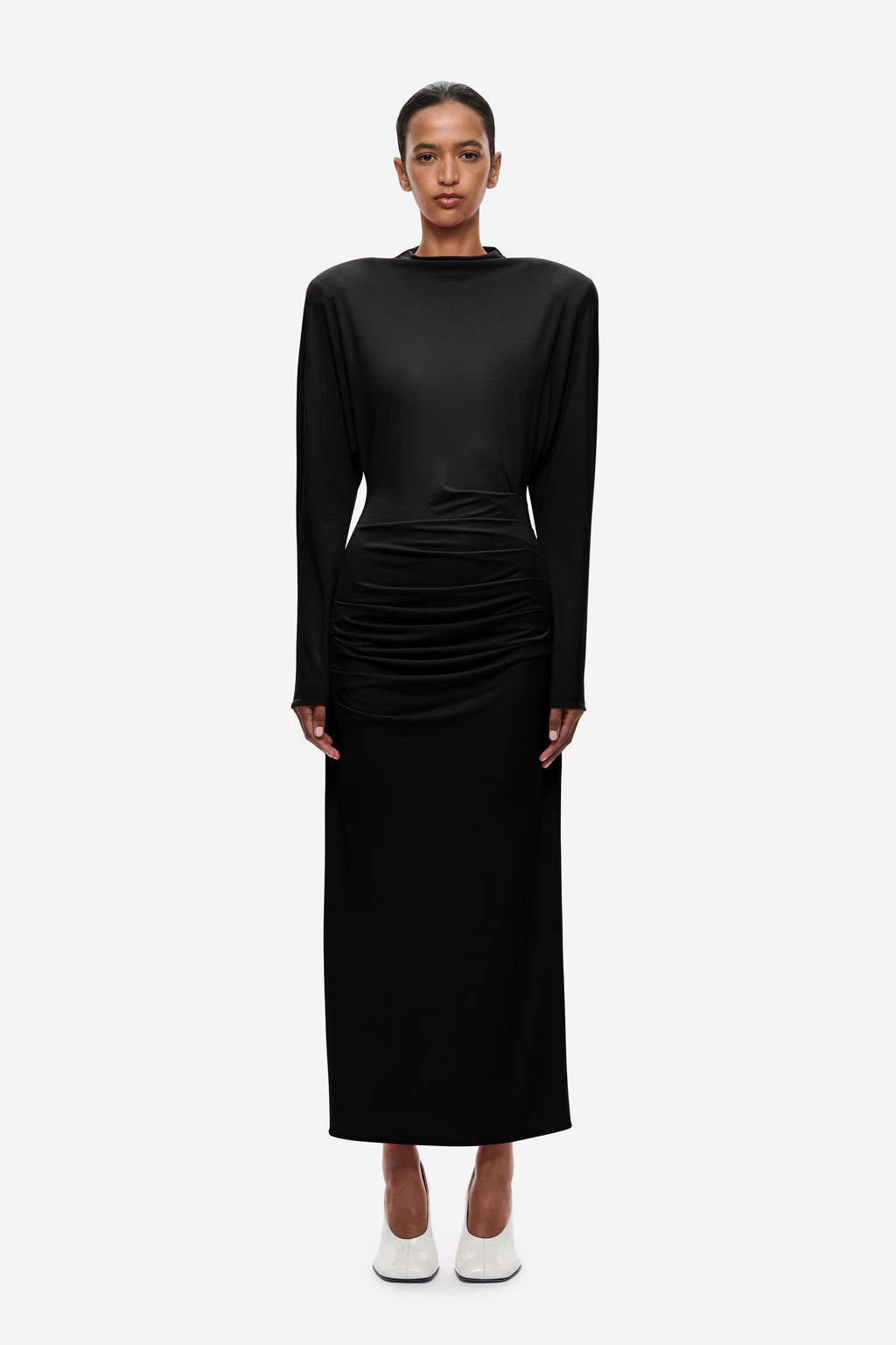 Black jersey draped midi dress with long sleeves and ruched waist detail