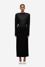 Black jersey draped midi dress with long sleeves and ruched waist detail