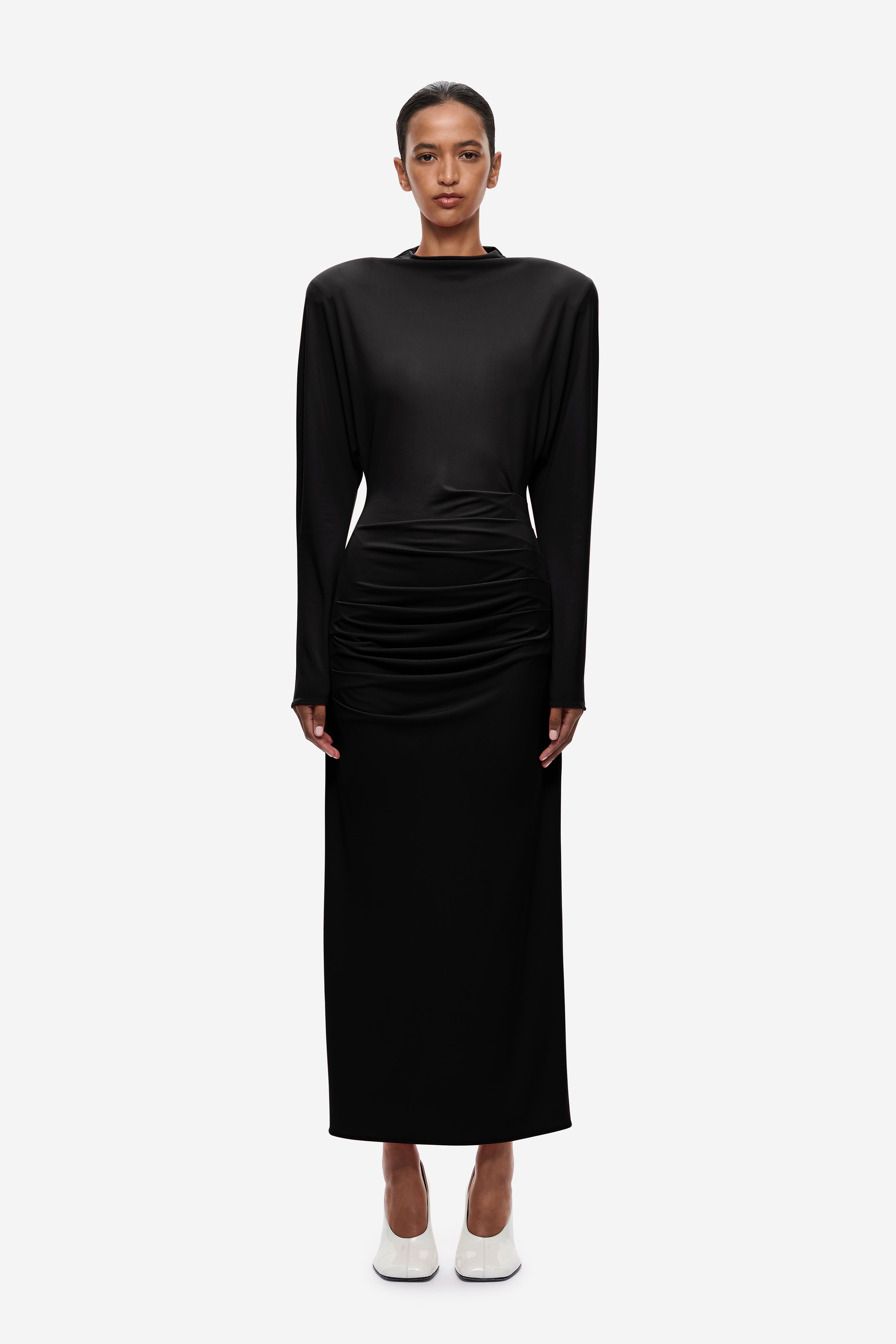 Black jersey draped midi dress with long sleeves and ruched waist detail
