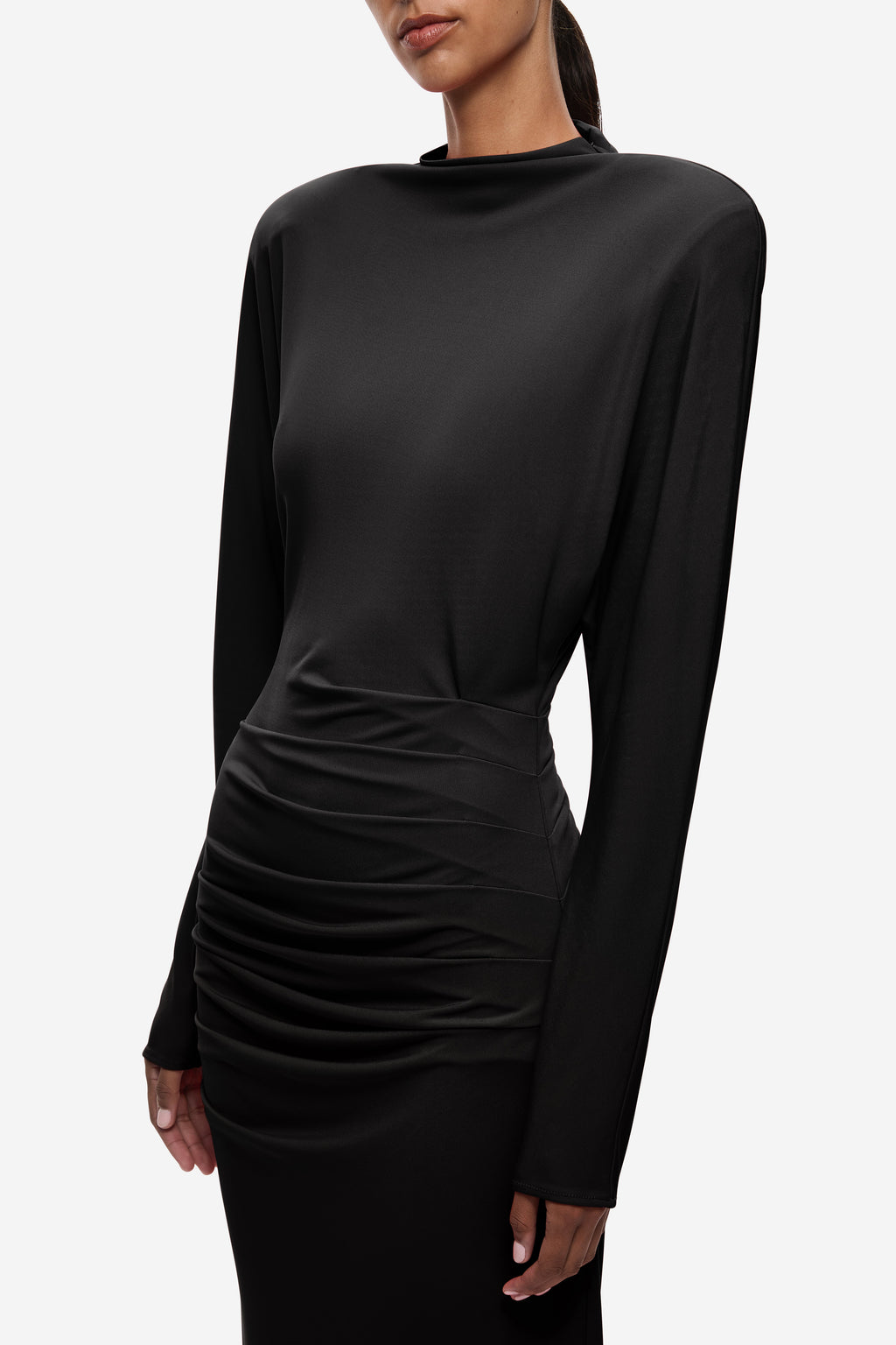 Black jersey draped midi dress with long sleeves and gathered side ruching