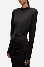 Black jersey draped midi dress with long sleeves and gathered side ruching