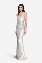 Silver sequin V-neck evening dress with thin straps and fitted mermaid silhouette
