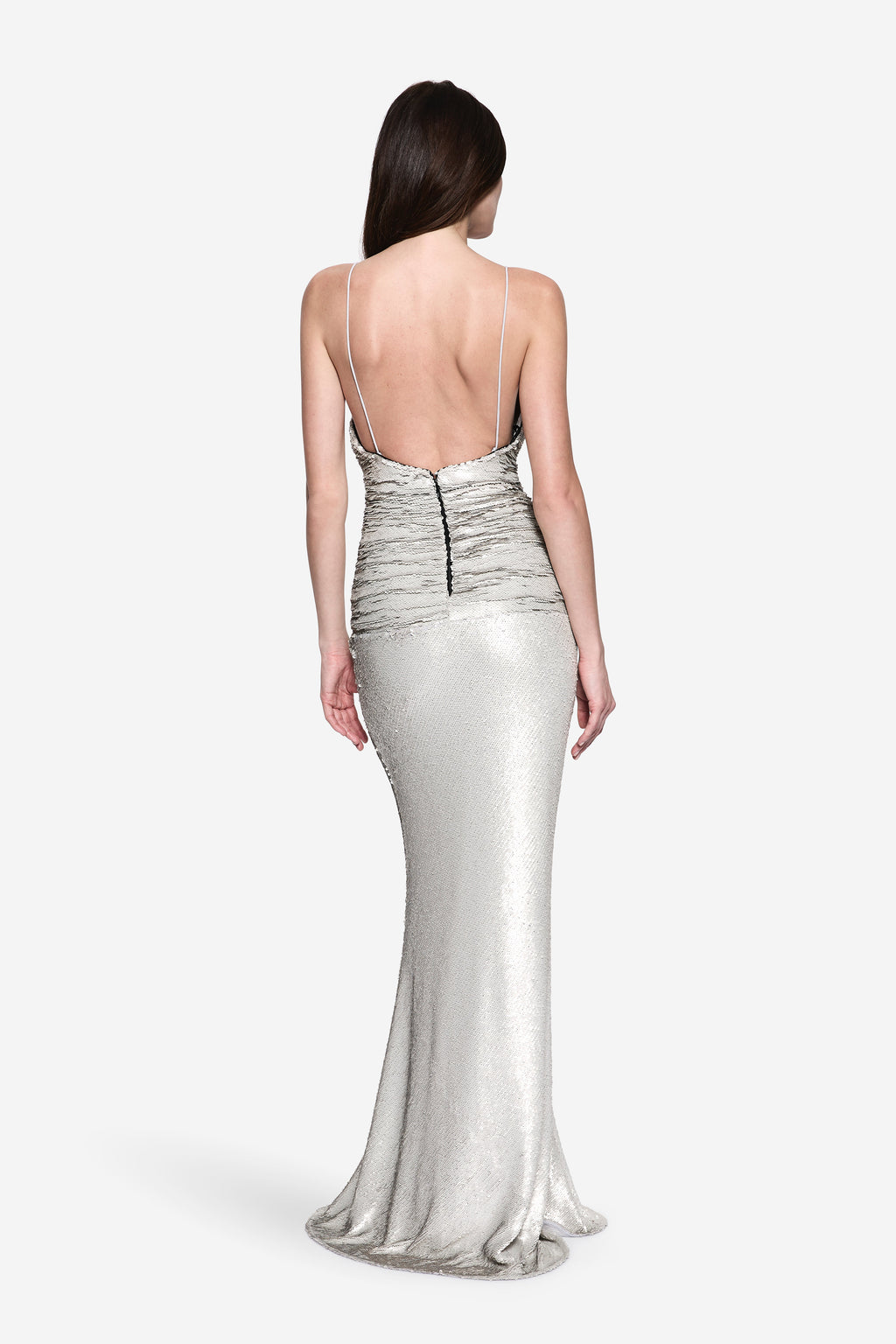 Silver sequin backless evening dress with low V back and fitted mermaid silhouette