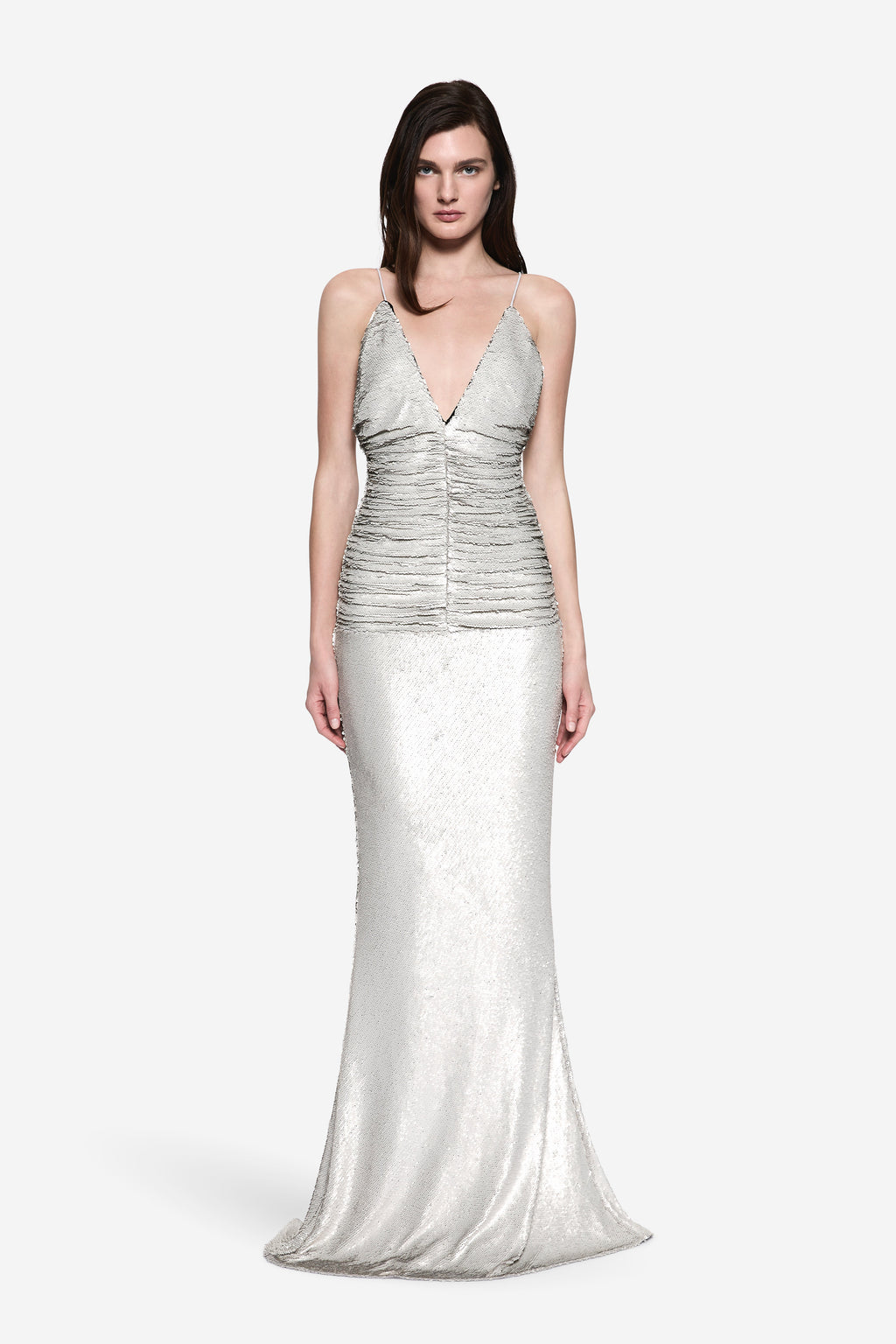 Silver sequin V-neck evening dress with spaghetti straps, fitted and ruched