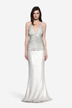 Silver sequin V-neck evening dress with spaghetti straps, fitted and ruched