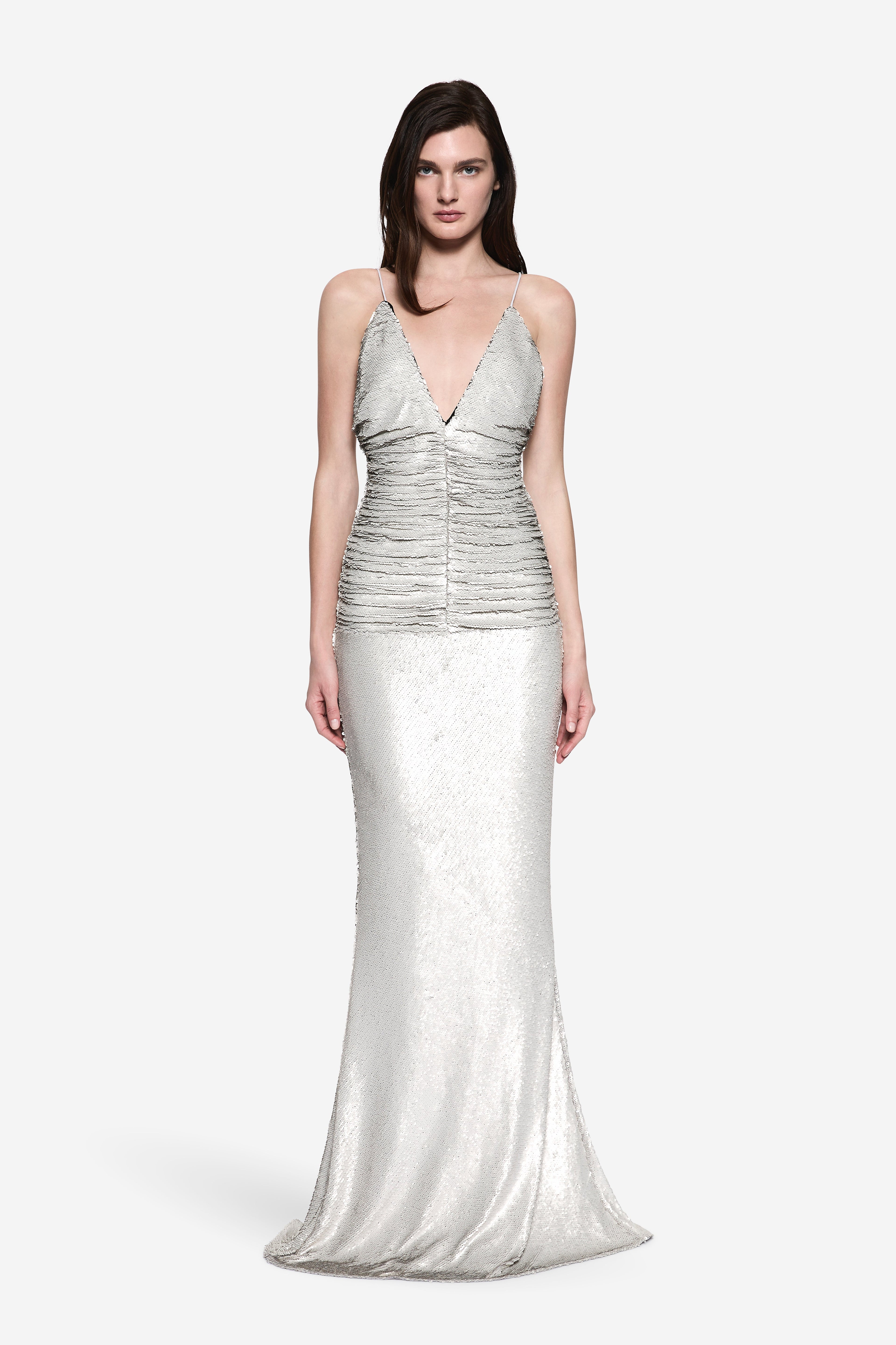 Silver sequin V-neck evening dress with spaghetti straps, fitted and ruched