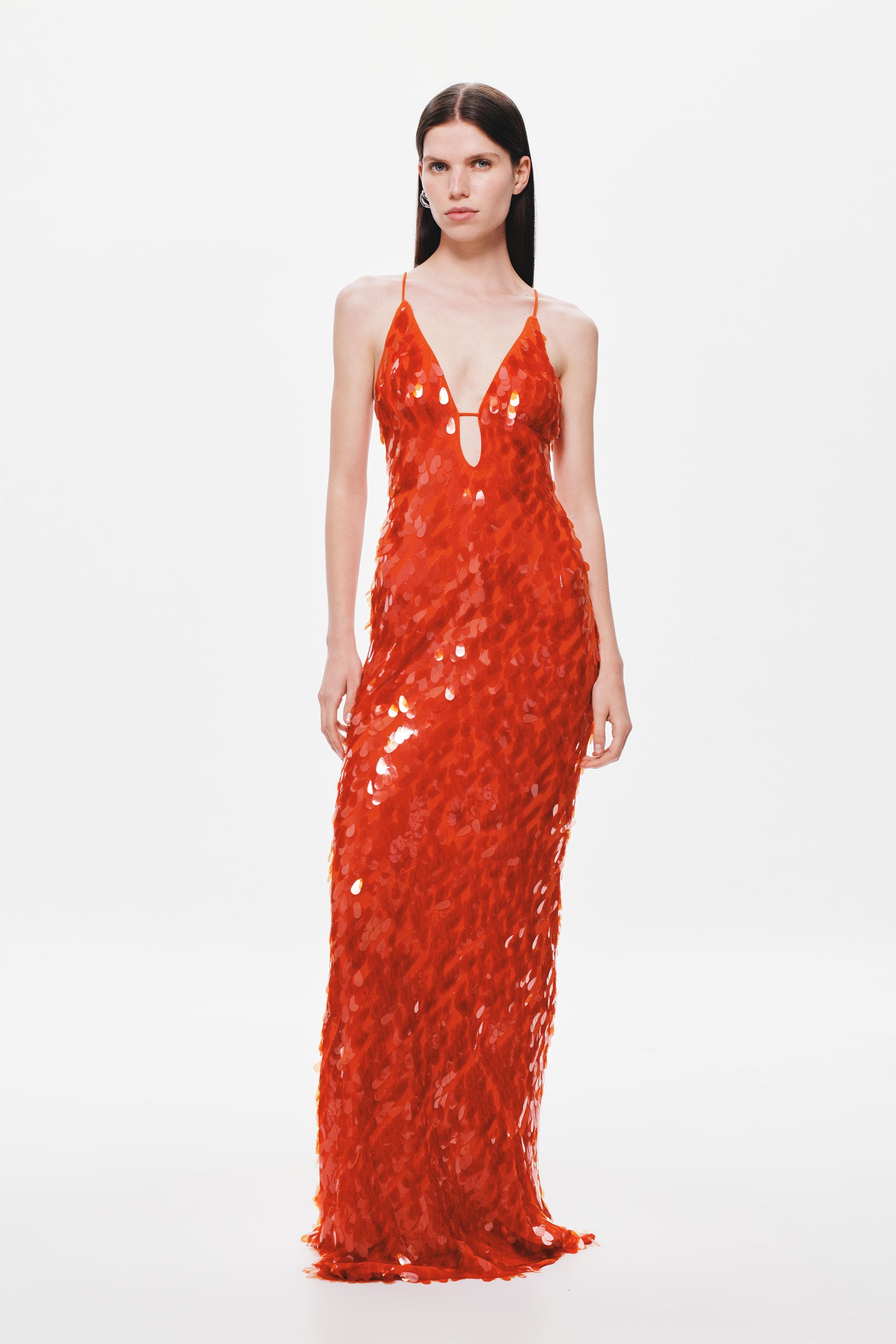 Red sequin V-neck maxi dress with spaghetti straps, fitted column silhouette