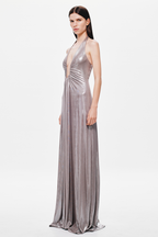 Metallic cinder jersey halter maxi dress with ruched center and flowing skirt