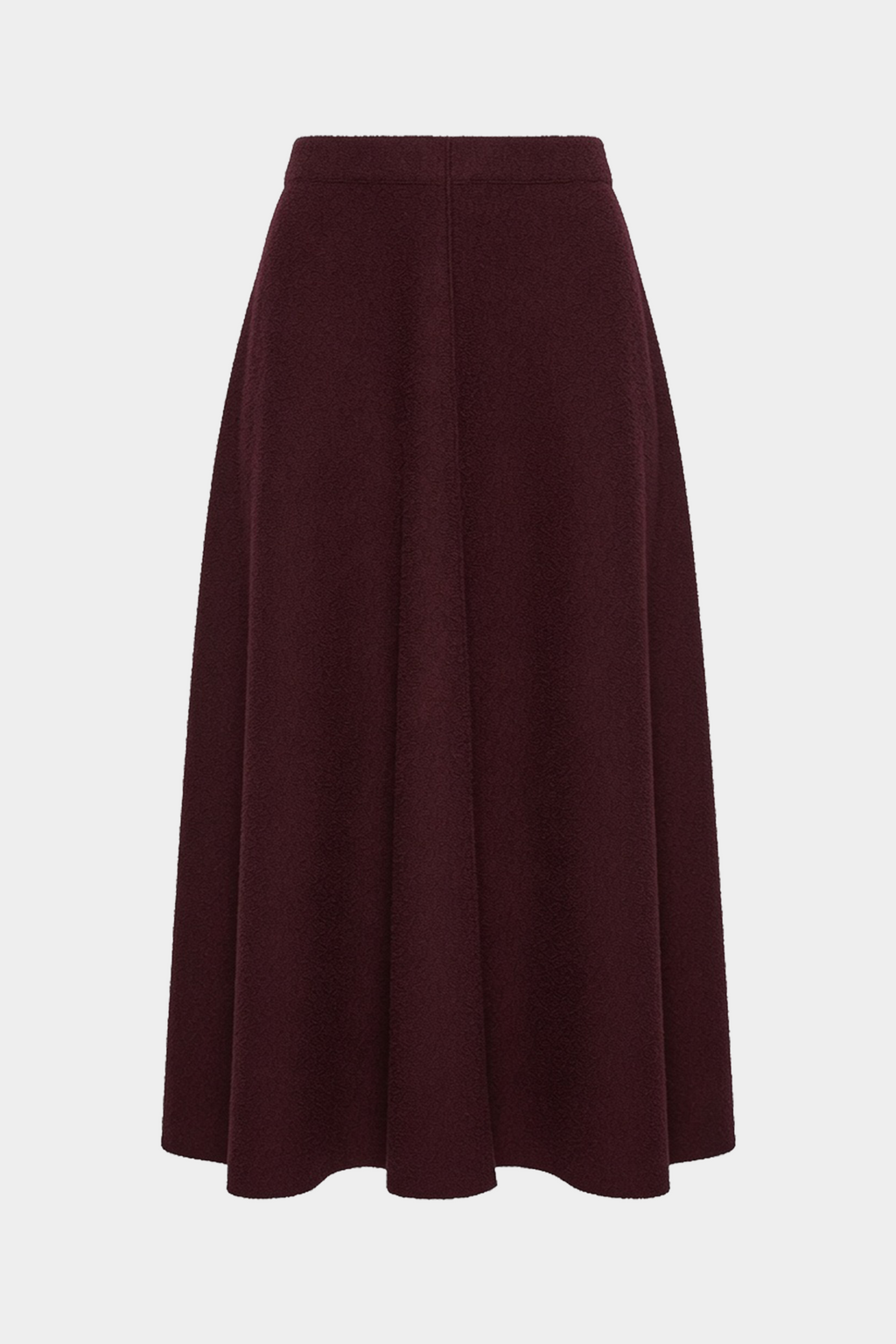 Eggplant boucle midi skirt with wide waistband and soft pleated flare