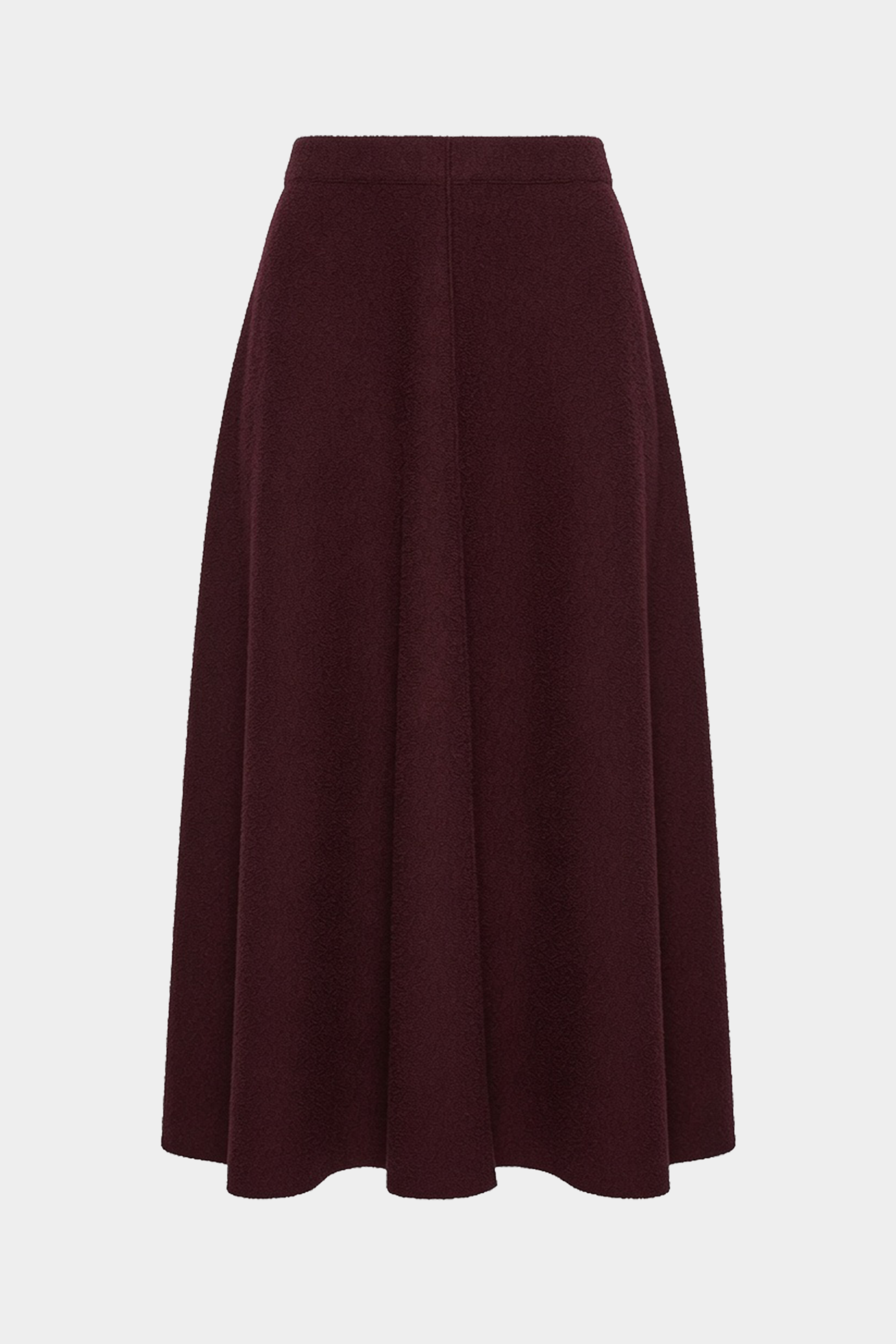Eggplant boucle midi skirt with wide waistband and soft pleated flare