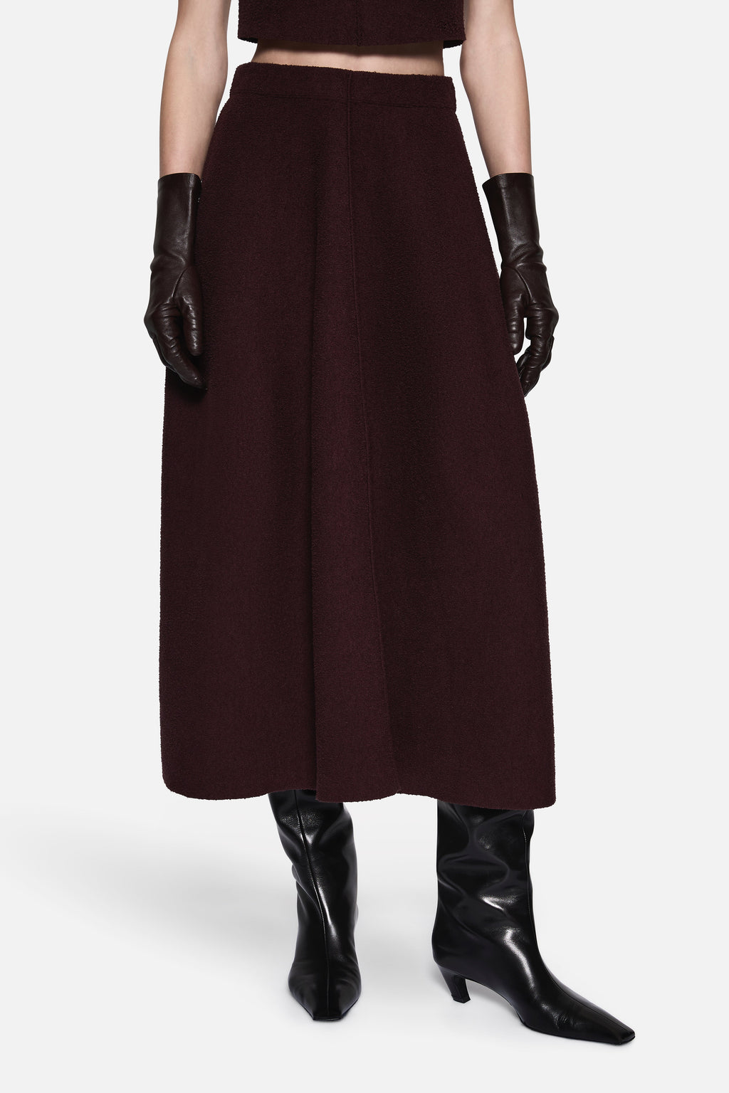 Eggplant boucle midi A-line skirt with front pleats and gathered waist