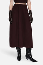 Eggplant boucle midi A-line skirt with front pleats and gathered waist