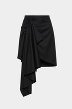 Black draped wool suiting skirt with knotted waist detail and asymmetrical draped skirt