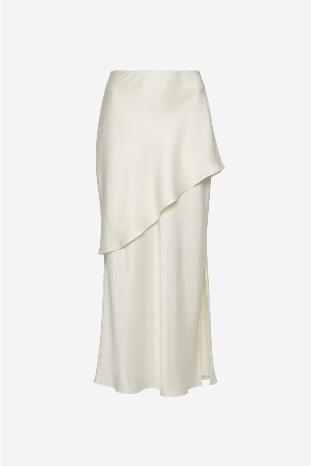 Winter white bias-cut silk midi skirt with angled draped overlay