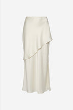 Winter white bias-cut silk midi skirt with angled draped overlay