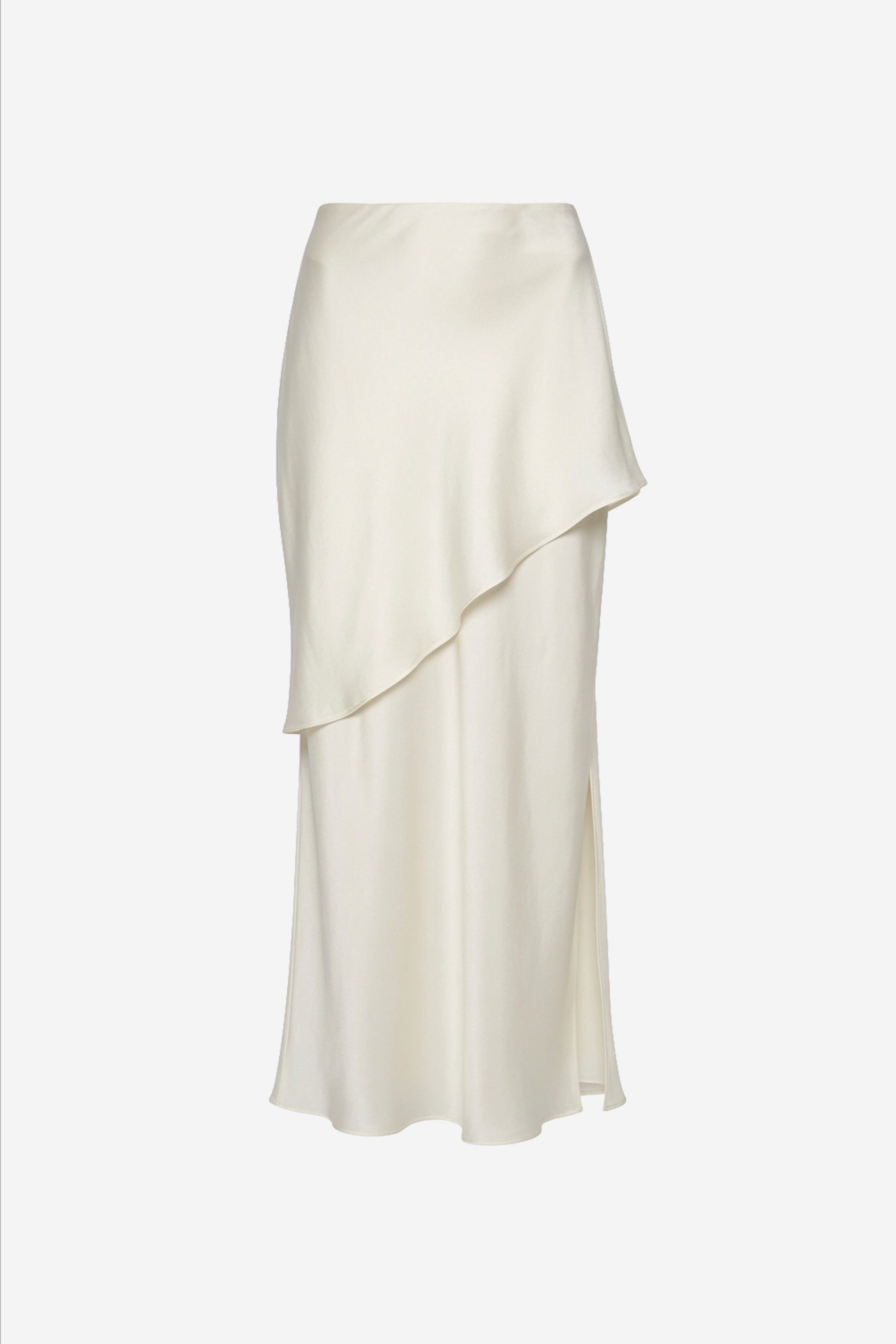 Winter white bias-cut silk midi skirt with angled draped overlay