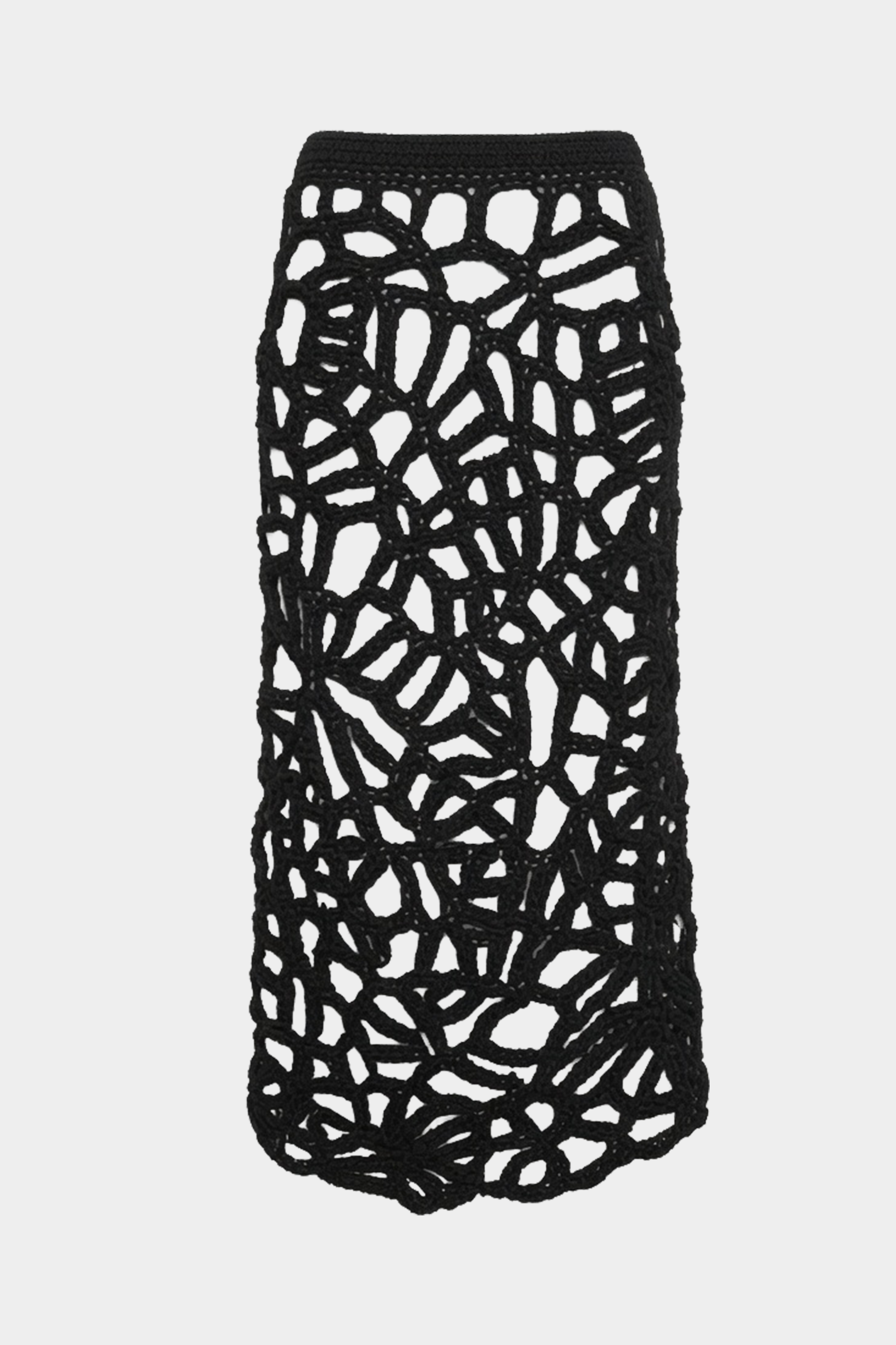 Black crochet midi skirt flat lay with textured openwork lattice design