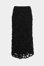 Black crochet midi skirt flat lay with ribbed waistband and openwork pattern
