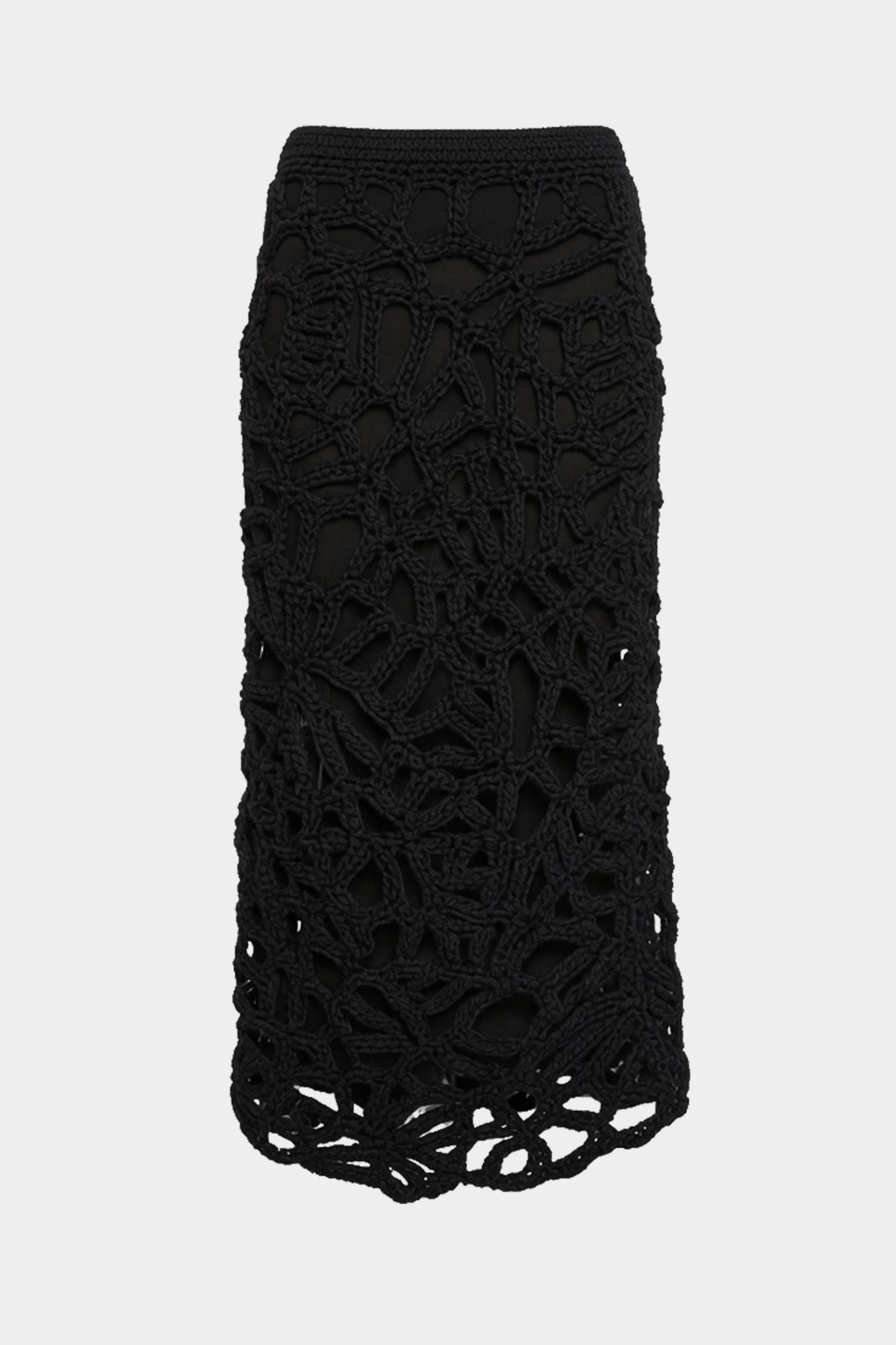 Black crochet midi skirt flat lay with ribbed waistband and openwork pattern