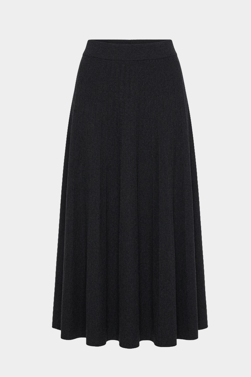 Dark charcoal merino A-line midi skirt, pleated knit texture, flared hem