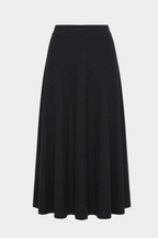 Dark charcoal merino A-line midi skirt, pleated knit texture, flared hem