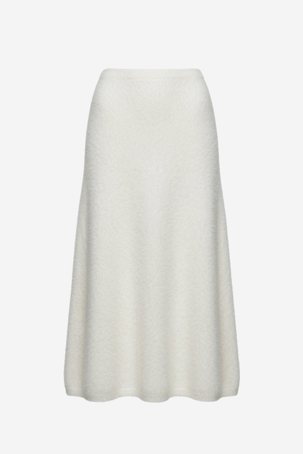 Brushed cashmere midi skirt in winter white with flared hem and soft knit texture