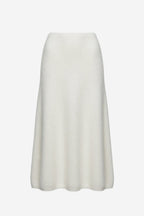 Brushed cashmere midi skirt in winter white with flared hem and soft knit texture