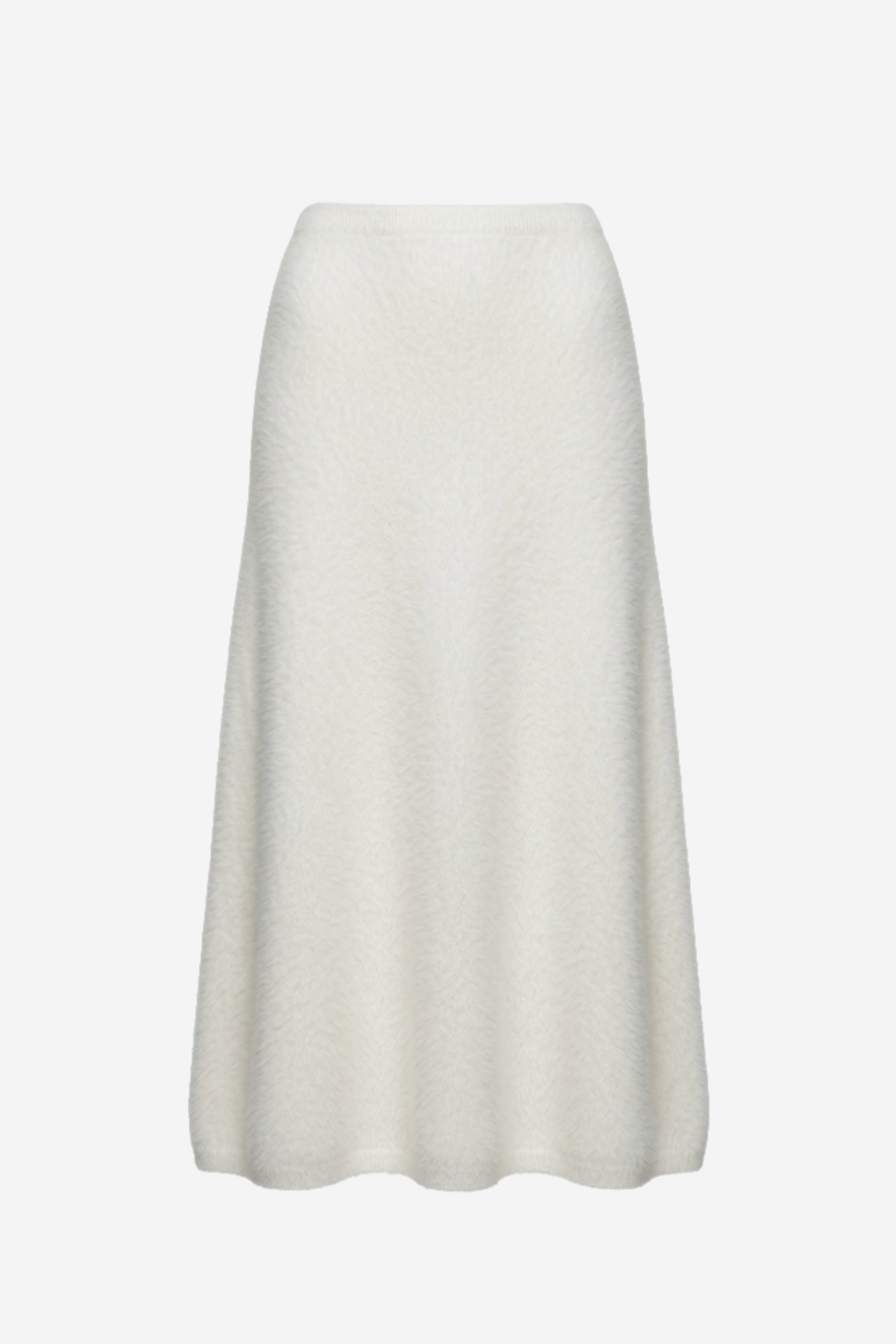 Brushed cashmere midi skirt in winter white with flared hem and soft knit texture