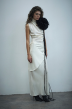 Winter white bias-cut silk skirt with angled side drape, long midi length