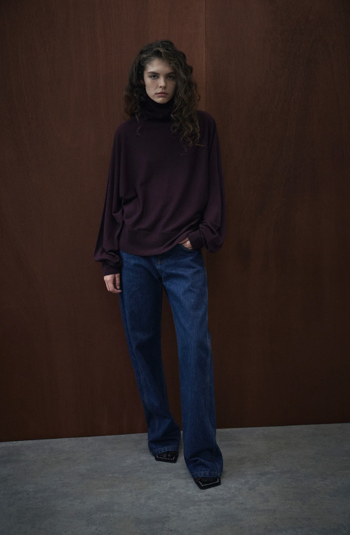 Eggplant merino high-neck sweater, relaxed fit with long sleeves