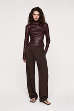 Bitter chocolate stretch leather long-sleeve top with high neck, fitted waist