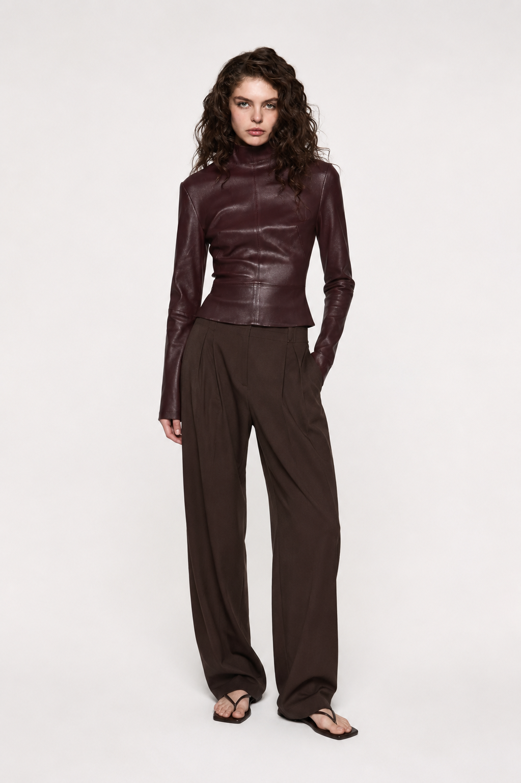 Bitter chocolate stretch leather long-sleeve top with high neck, fitted waist