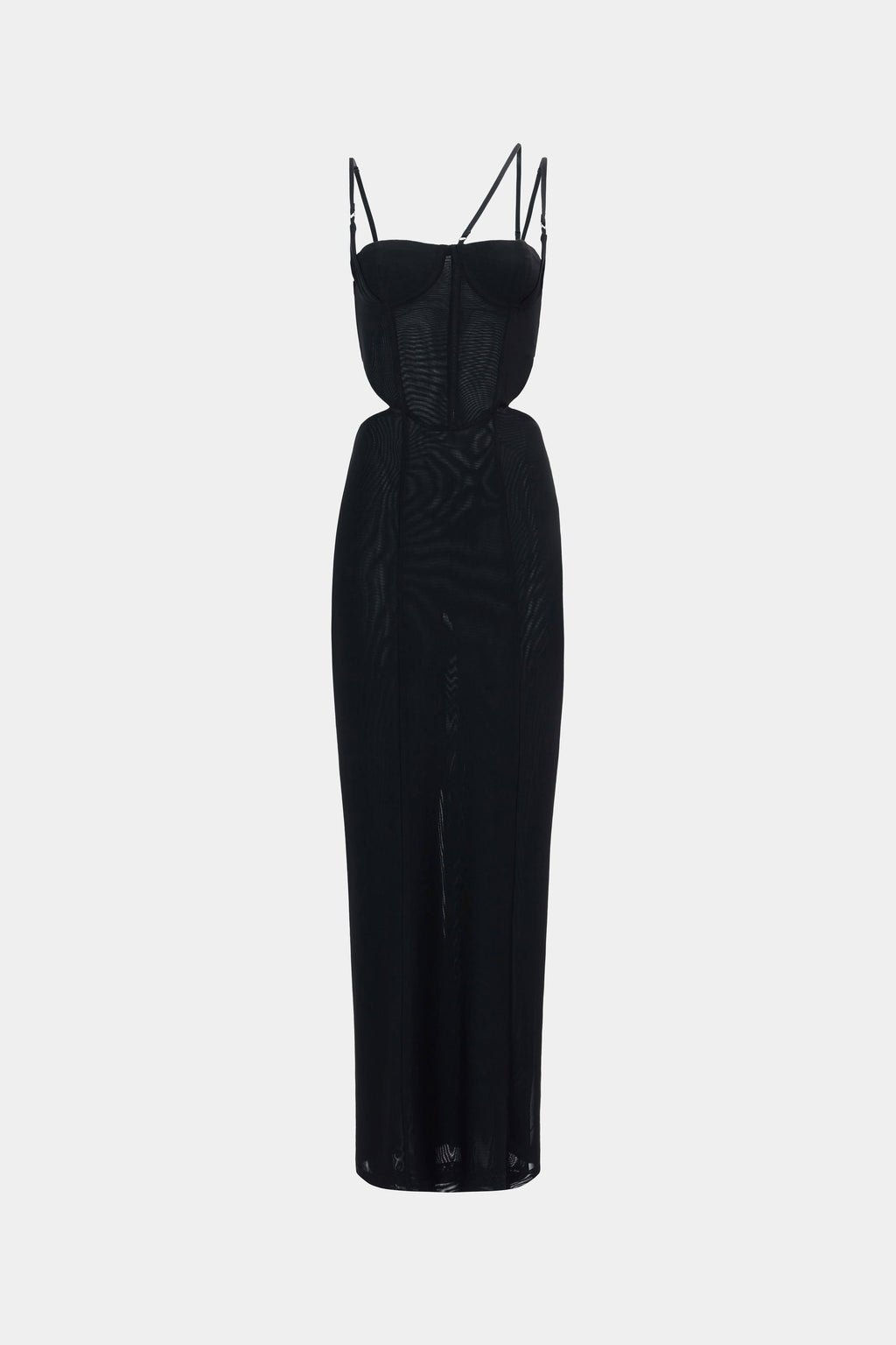 Black mesh maxi dress with spaghetti straps and sweetheart neckline