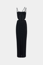 Black mesh maxi dress with spaghetti straps and sweetheart neckline