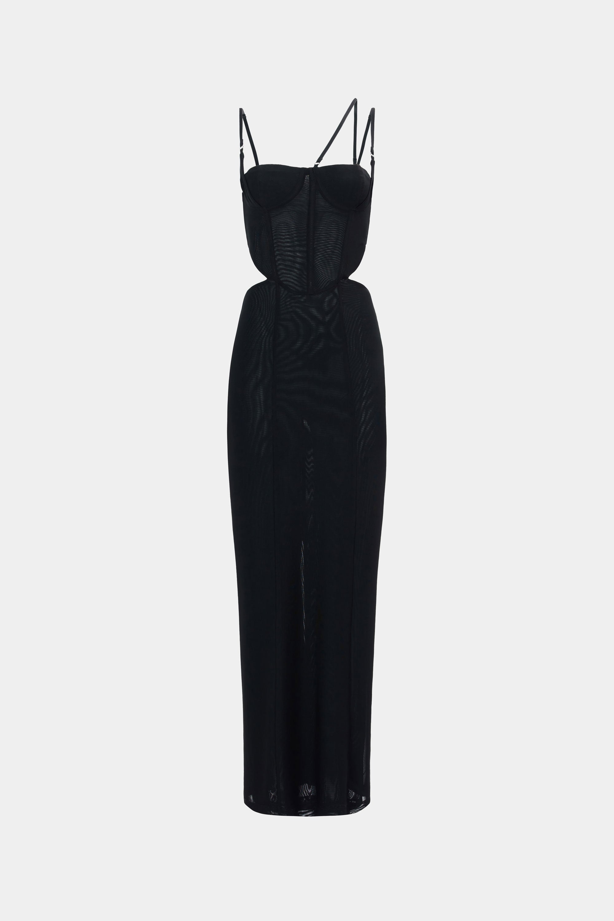 Black mesh maxi dress with spaghetti straps and sweetheart neckline