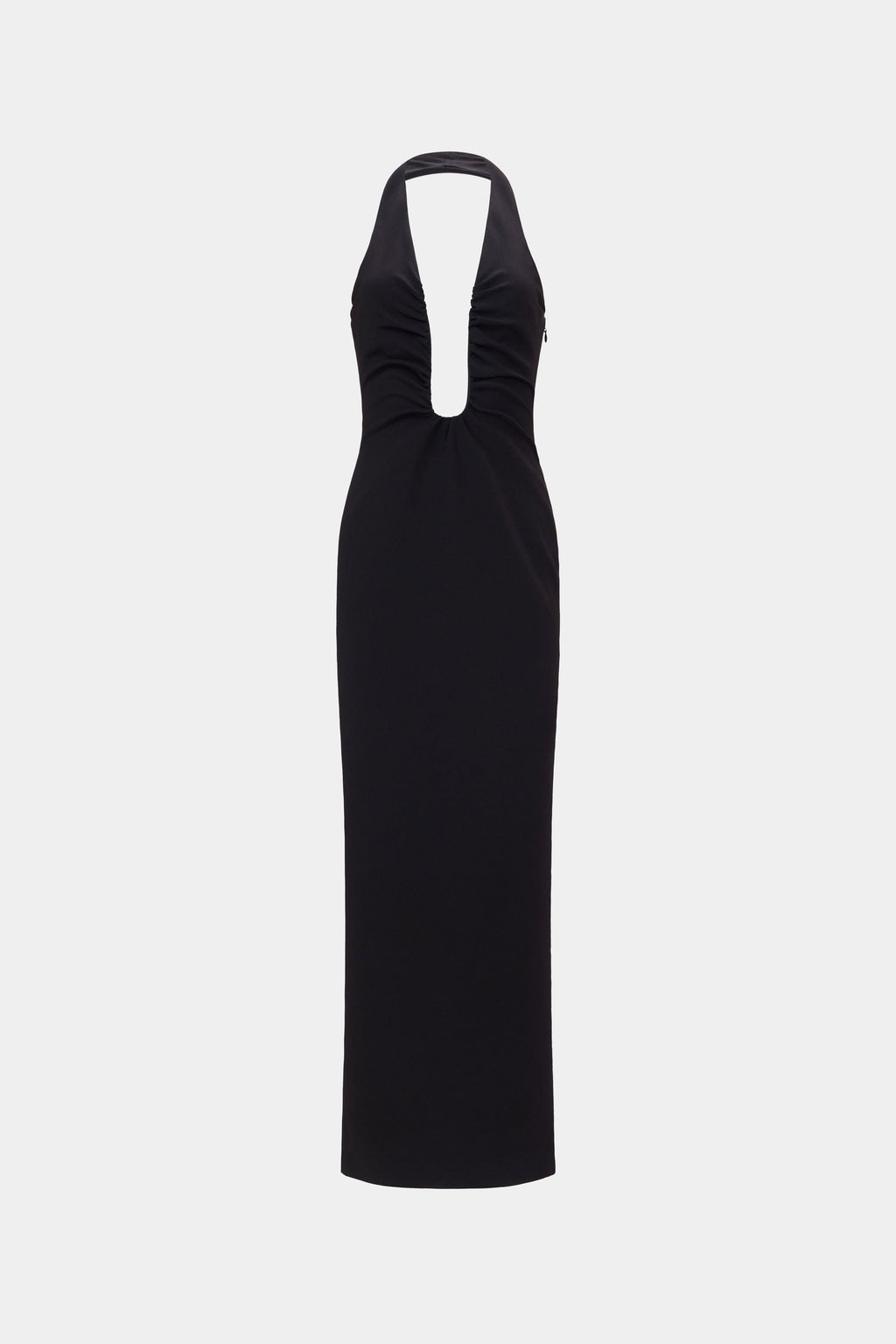 Black sleeveless halter maxi dress, back view with keyhole opening
