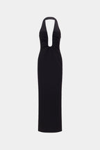 Black sleeveless halter maxi dress, back view with keyhole opening