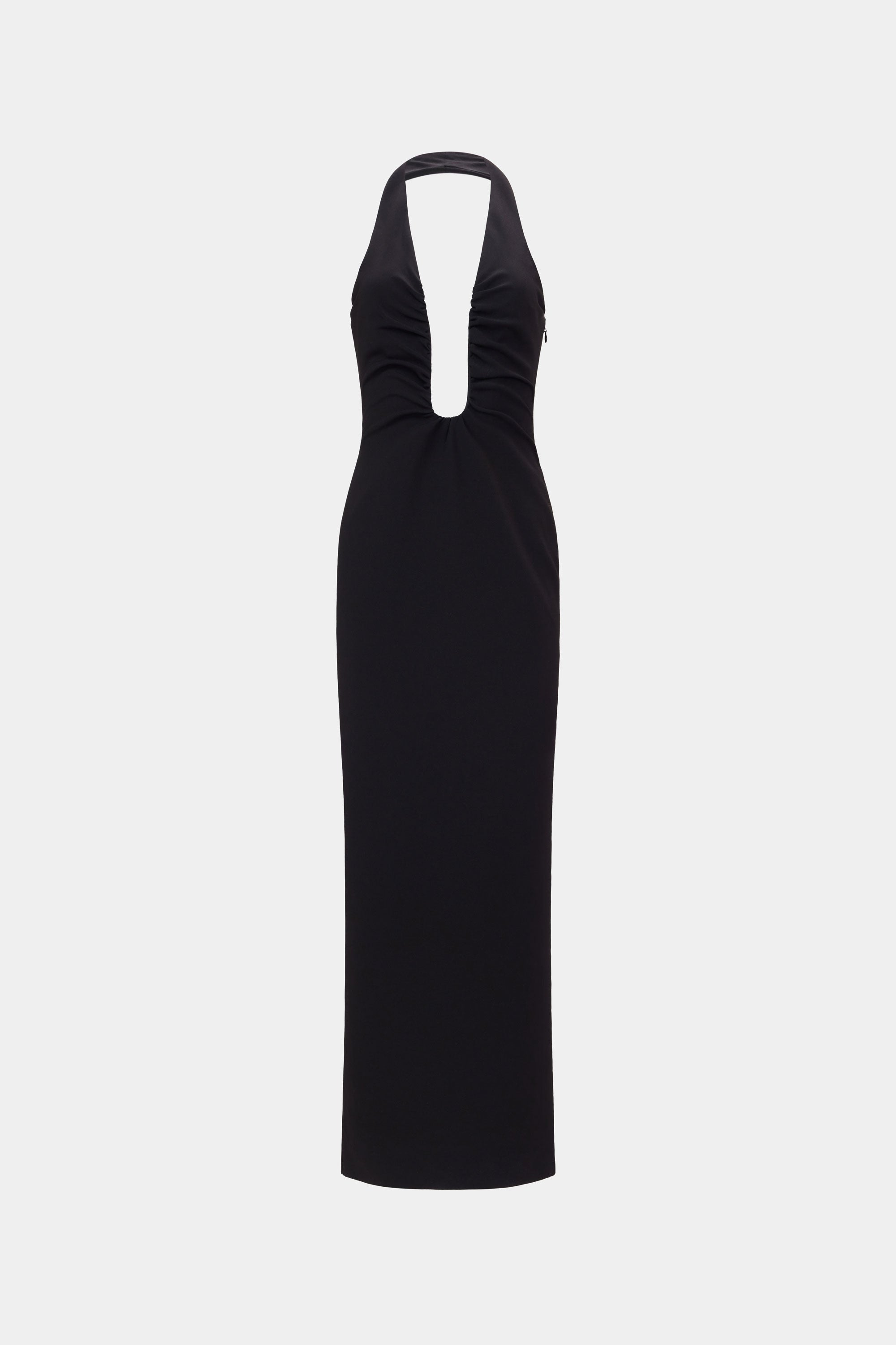 Black sleeveless halter maxi dress, back view with keyhole opening