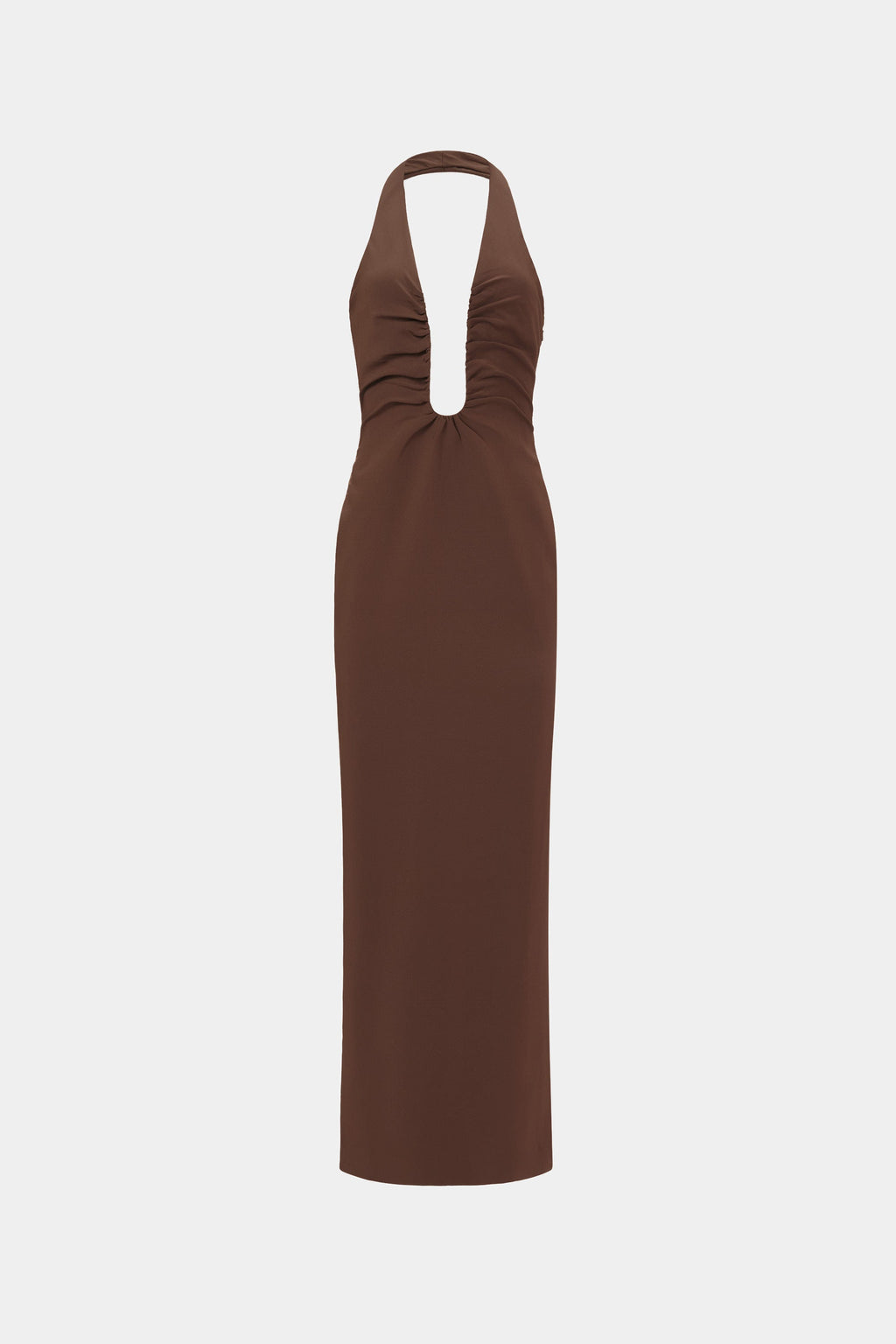 Chocolate halter midi dress with ruched center cutout
