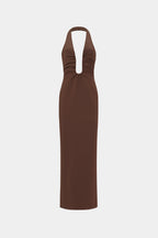 Chocolate halter midi dress with ruched center cutout