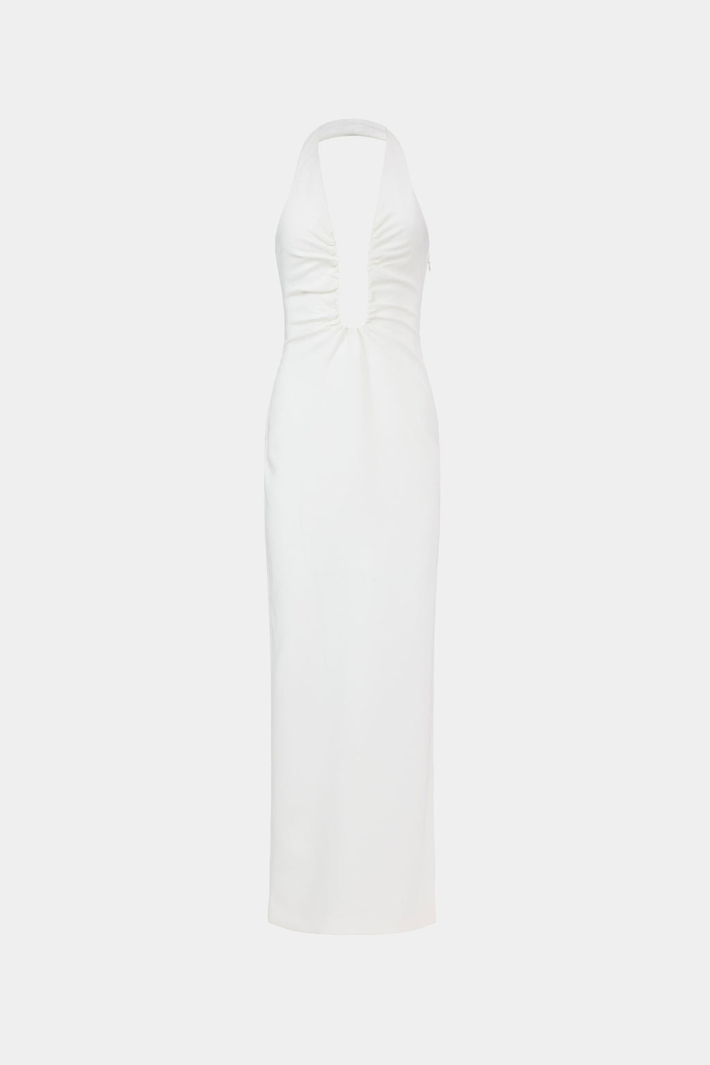 Ivory halter maxi dress with gathered bodice and sleeveless column fit.