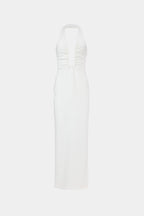 Ivory halter maxi dress with gathered bodice and sleeveless column fit.