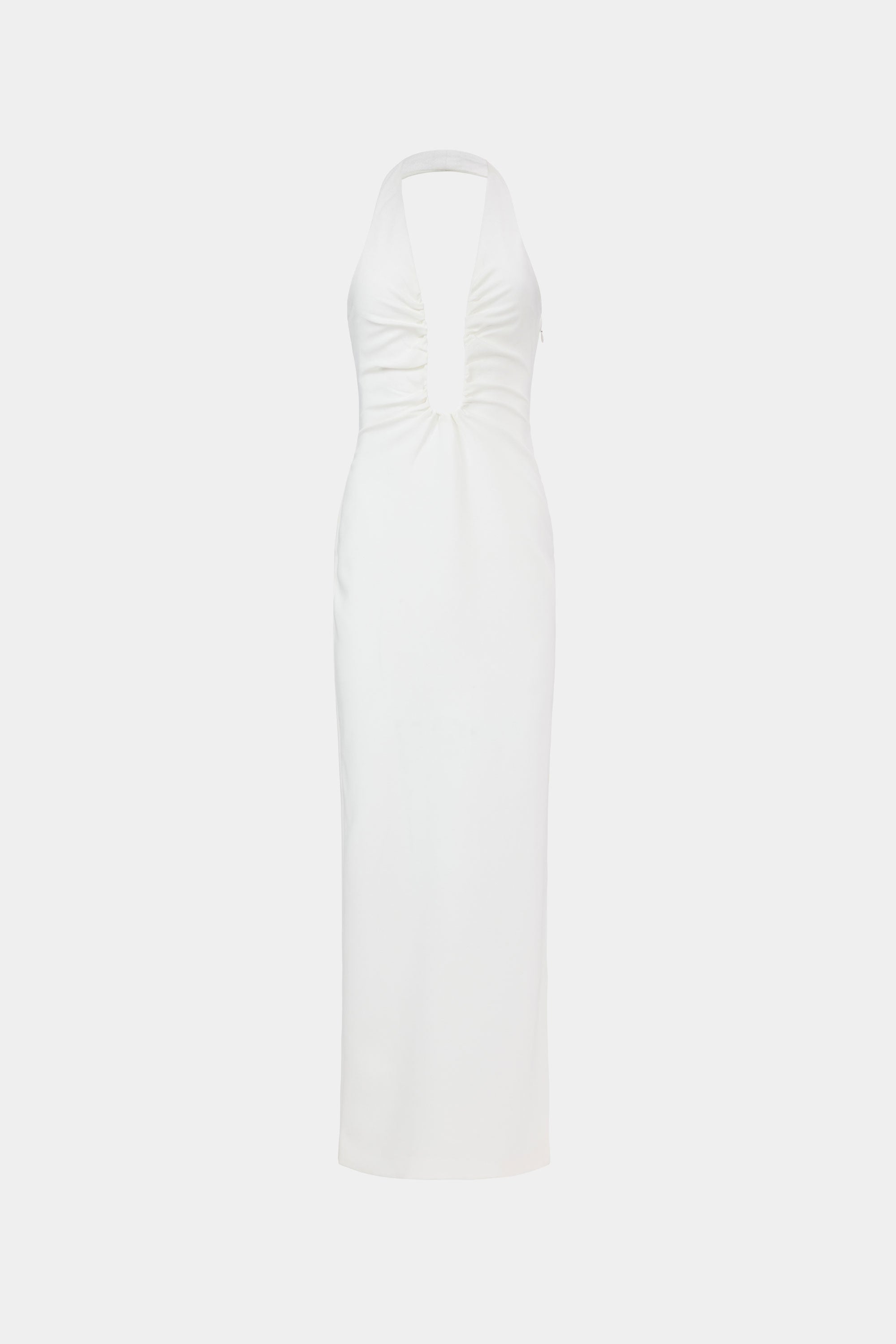 Ivory halter maxi dress with gathered bodice and sleeveless column fit.