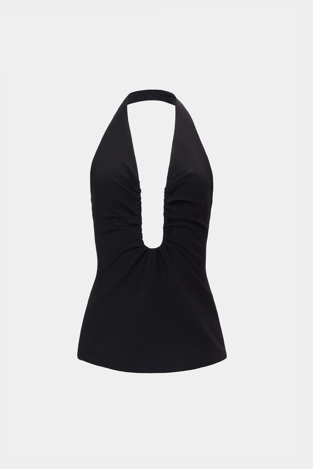 Black halter-neck top with keyhole neckline, sleeveless