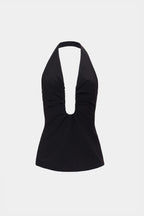 Black halter-neck top with keyhole neckline, sleeveless