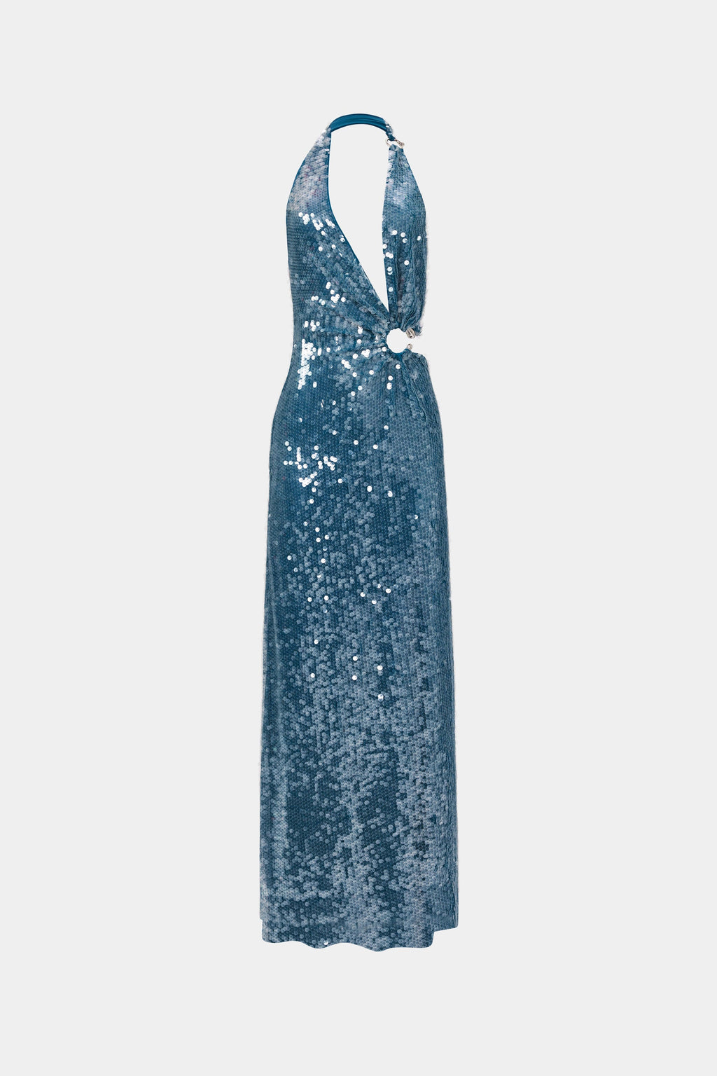 Teal sequin halter maxi dress, sleeveless with open back and ties