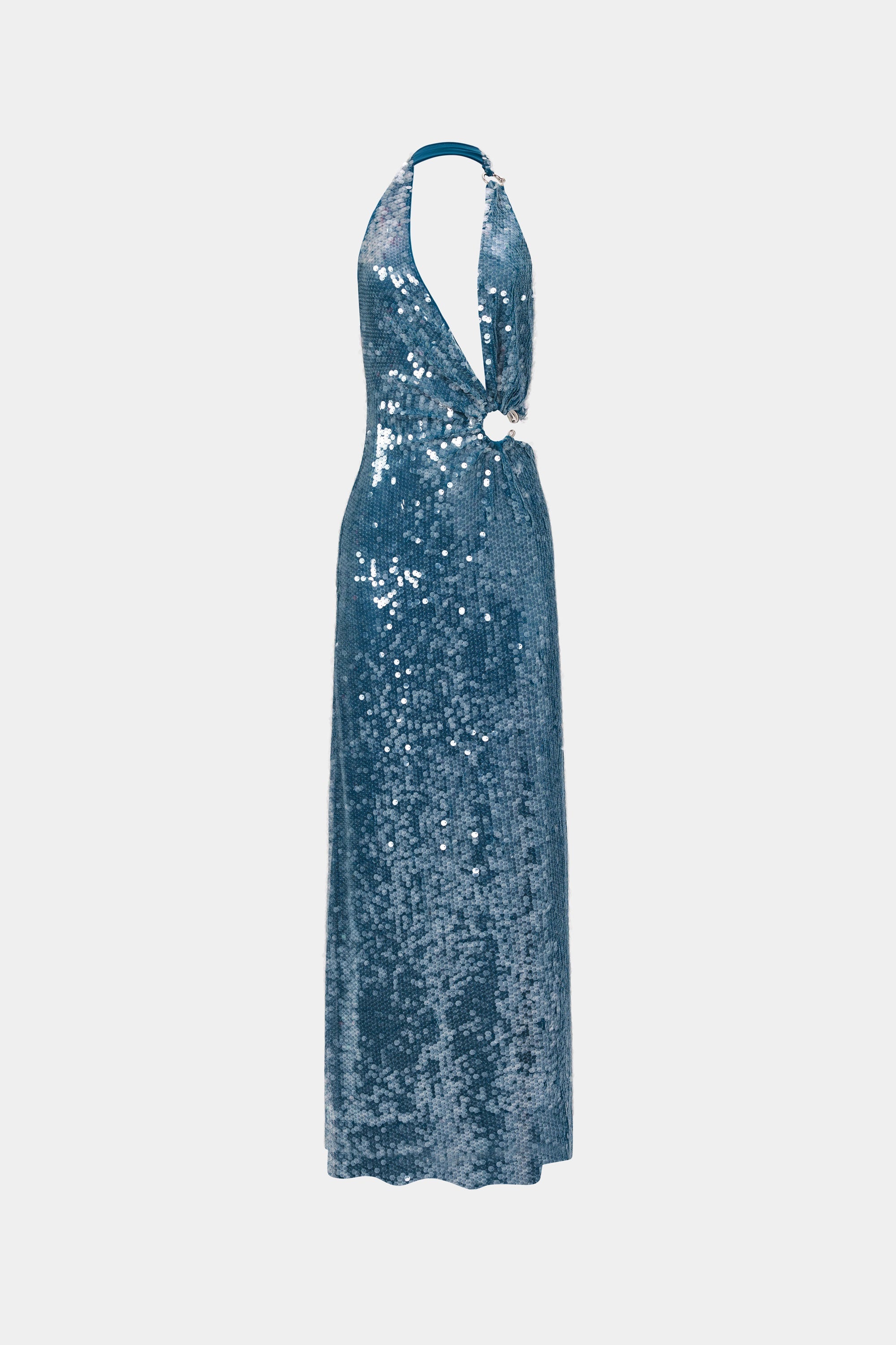 Teal sequin halter maxi dress, sleeveless with open back and ties