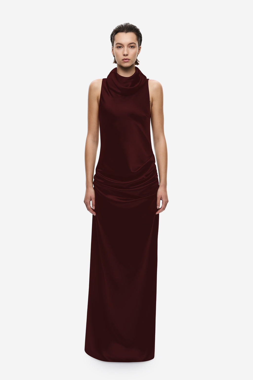 Burgundy satin maxi dress with draped cowl collar and sleeveless gathered detail
